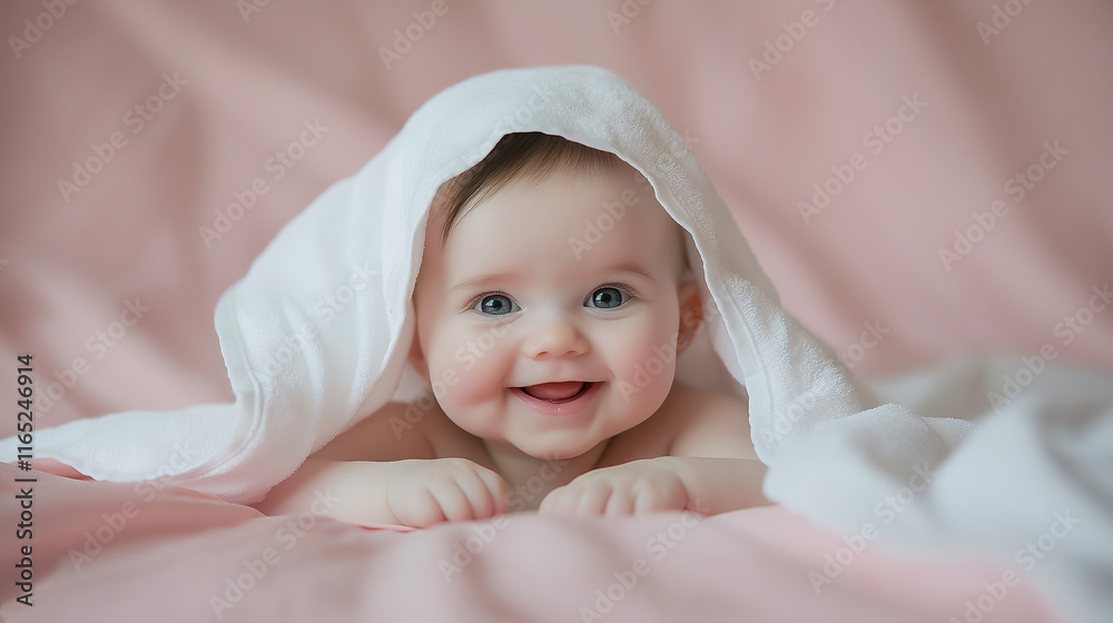 Happy Baby wearing towel after bath. Childhood and baby care concept Happy Baby wearing towel after bath. Childhood and baby care concept