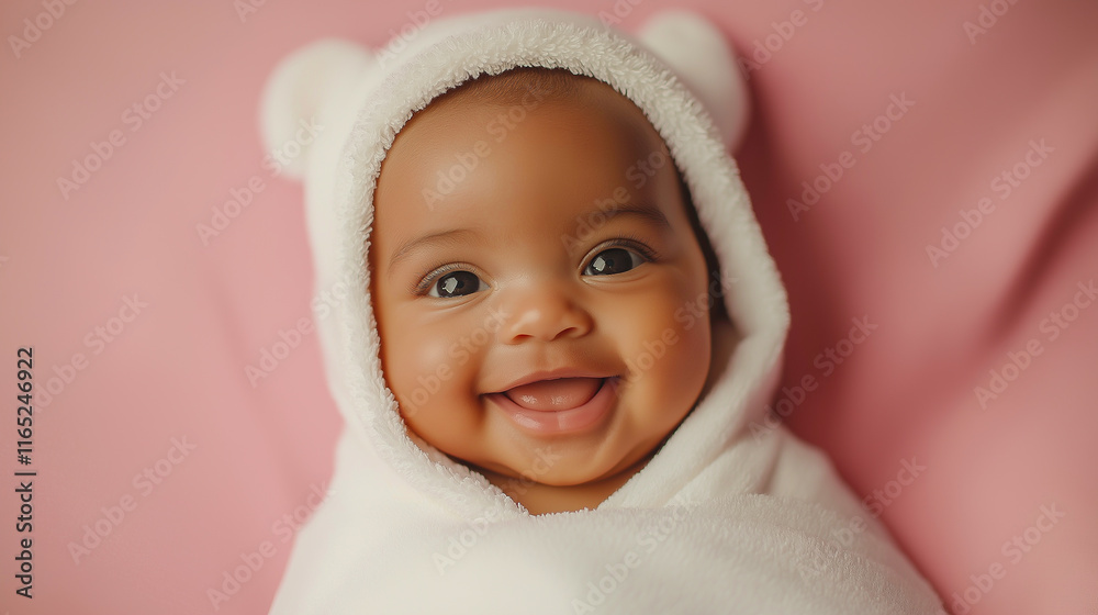 Happy Baby wearing towel after bath. Childhood and baby care concept Happy Baby wearing towel after bath. Childhood and baby care concept