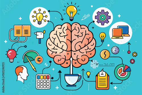 creative mind map with brain, lightbulbs, and gears showcasing innovation, education, and knowledge in a colorful vector design
