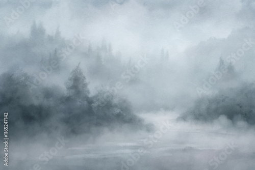 A tranquil river flows through a misty forest, creating a serene and peaceful atmosphere.