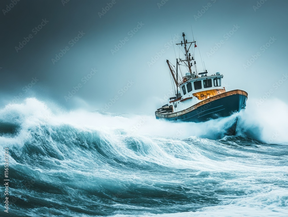 Naklejka premium Fishing boat or ship on sea or ocean water.