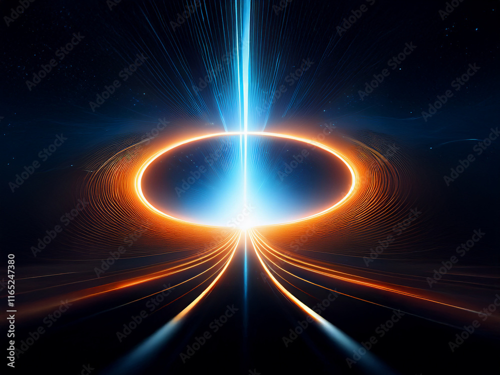 A glowing orange and blue ring surrounds a bright beam of light, resembling a cosmic gateway or portal leading down a radiant highway stretching to the horizon. The dark background hints at a vast, m A glowing orange and blue ring surrounds a bright beam of light, resembling a cosmic gateway or portal leading down a radiant highway stretching to the horizon. The dark background hints at a vast, m