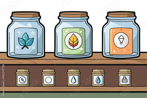 Creative vector set of magical ingredient jars with colorful icons and aesthetic wooden shelf arrangement for design projects