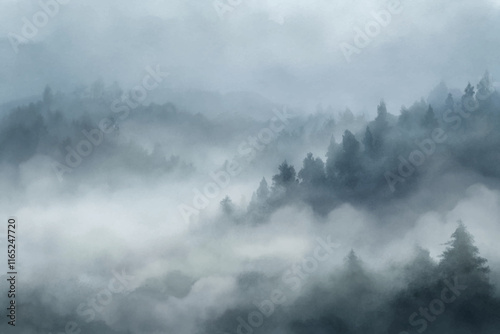 A misty forest landscape shrouded in fog, evoking feelings of tranquility and solitude.