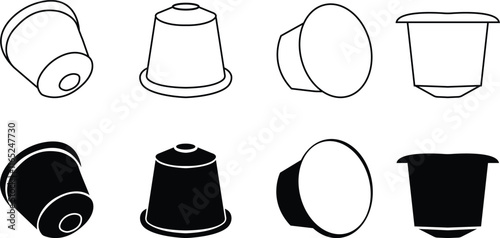 Capsule coffee icon set, Coffee Flavor, Capsules, Brewing, Barista Capsule, Roasted icons, flat design, minimalist style, isolated on transparent background, perfect for representing serve machines.