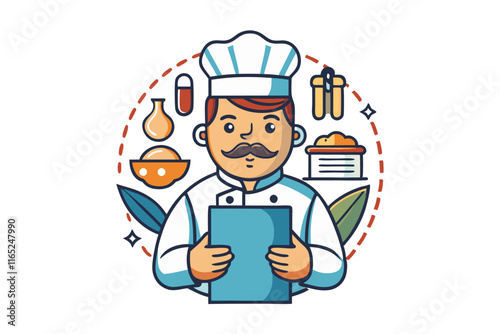 Creative cartoon chef character in a professional outfit, holding a recipe book, surrounded by colorful kitchen and food related icons