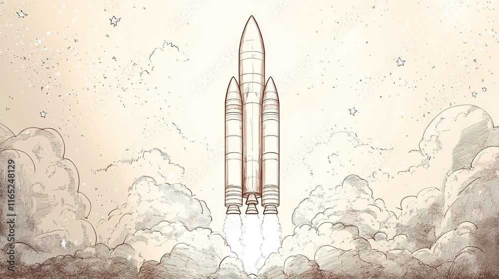 hand-drawn sketch of rocket preparing for liftoff framed by simple linework clouds and blurred stars hand-drawn sketch of rocket preparing for liftoff framed by simple linework clouds and blurred stars