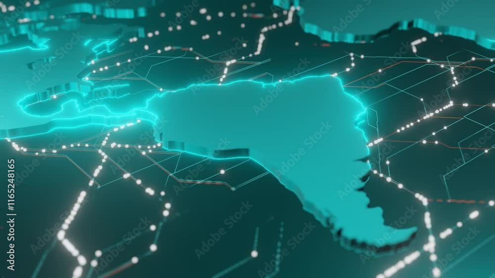 Glowing blue 3D map of South America with highlighted network connections and digital lines on a futuristic background. Concept of global connectivity and technology