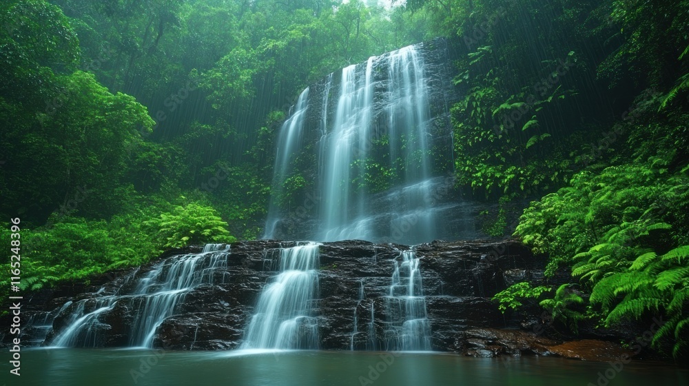 Lush rainforest waterfall cascading over rocks into a serene pool. Lush rainforest waterfall cascading over rocks into a serene pool.