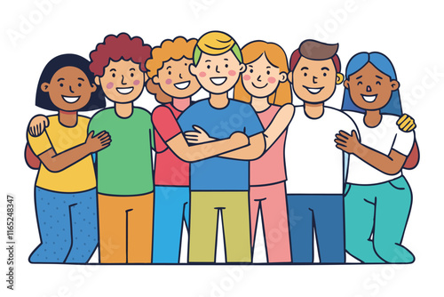 Team of diverse individuals smiling warmly in a friendly embrace, showcasing unity, positive relationships, and cultural diversity