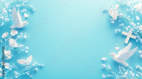 White doves flowers and cross on blue background