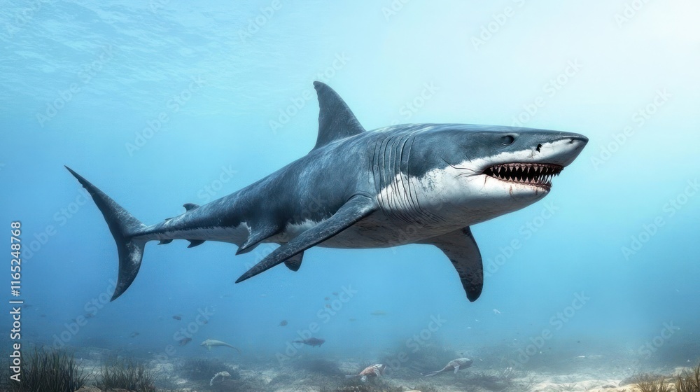 Naklejka premium A realistic depiction of a shark swimming underwater.