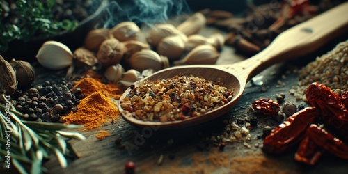 Fototapeta Naklejka Na Ścianę i Meble -  Wooden Spoon with Spices and Nuts