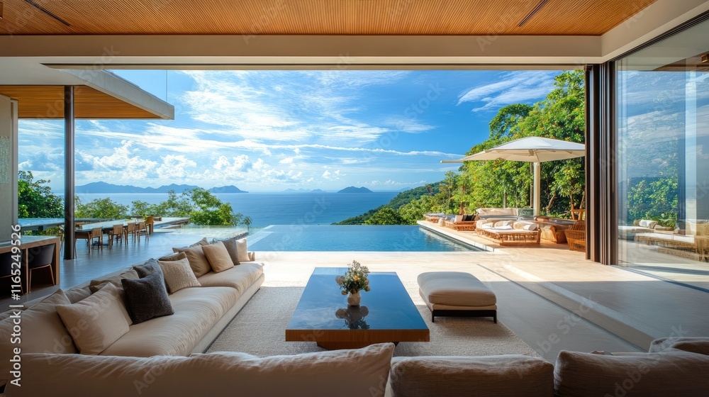 Fototapeta premium A stunning image of a lavish villa interior, showcasing spacious design, contemporary furnishings, and breathtaking ocean views