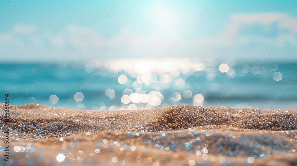 Tranquil abstract beach scene with soft bokeh reflections on a calm sea and sky, highlighting the sunlit sand in the foreground for a serene coastal ambiance Tranquil abstract beach scene with soft bokeh reflections on a calm sea and sky, highlighting the sunlit sand in the foreground for a serene coastal ambiance
