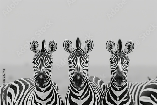 Painting- A group of zebras , their black-and-white stripes bold on a gray backdrop