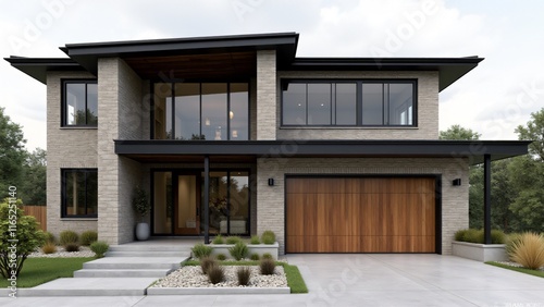 Industrial-style fa  ade with exposed steel beams  black metal-framed windows  large wooden front door  concrete and brick materials  ornamental grasses  and urban  edgy design for a modern look.