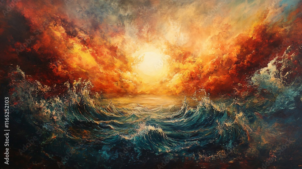 Fototapeta premium Fiery sunset over turbulent ocean waves.