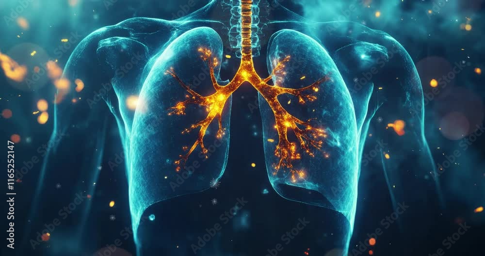 Anatomical representation of human lungs glowing with blue and red ...