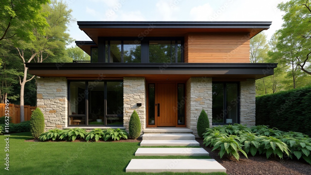 Obraz premium Natural stone lower façade with wooden upper panels, large vertically-aligned black-framed windows, sleek metal handle, minimalist stone walkway, and lush greenery for a modern, earthy look.