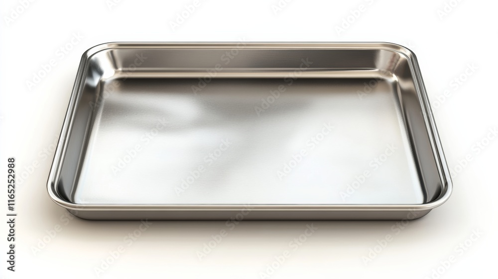 A metallic baking tray with a smooth reflective finish, isolated on a white background A metallic baking tray with a smooth reflective finish, isolated on a white background