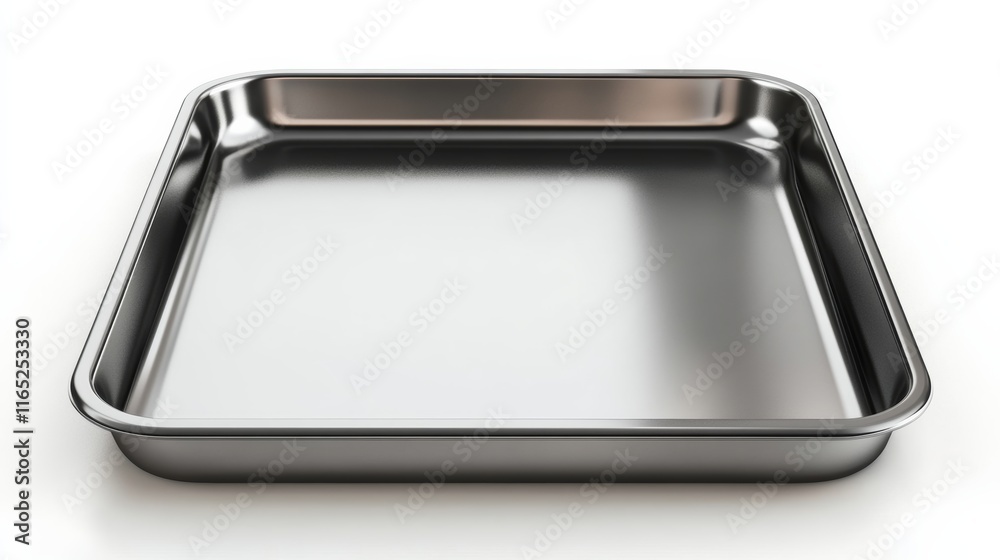 A metallic baking tray with a smooth reflective finish, isolated on a white background A metallic baking tray with a smooth reflective finish, isolated on a white background