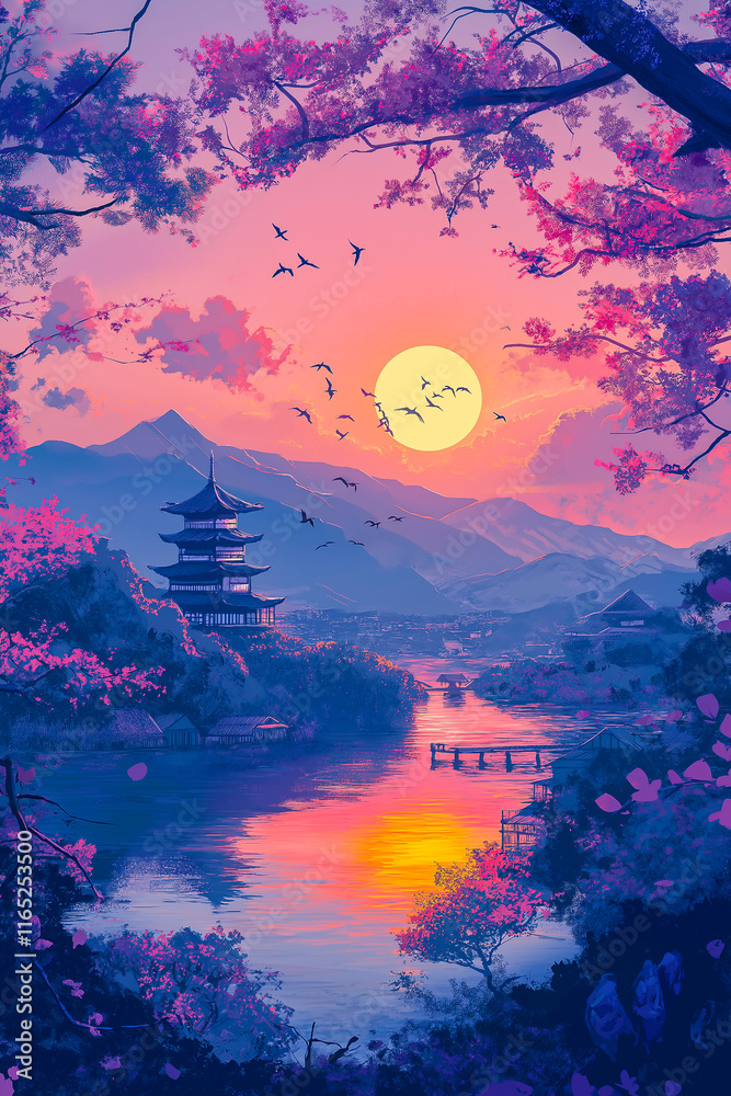 illustration, there are mountains, water, trees, clouds, sunset, cranes, buildings, Chinese landscape painting style
