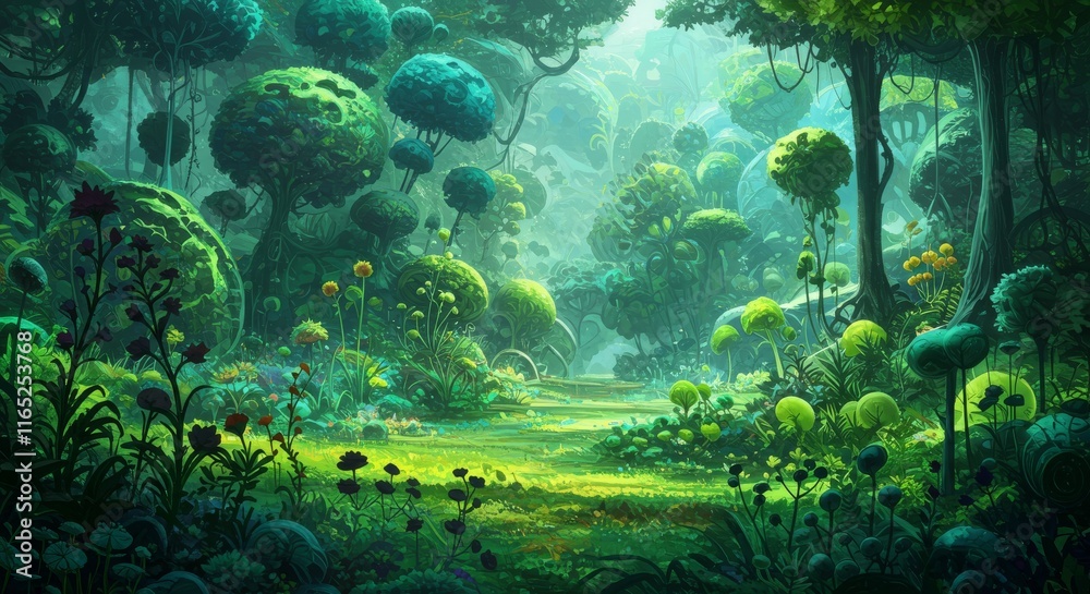 Fototapeta premium Enchanting forest with lush greenery and vibrant flowers in sunlit clearing