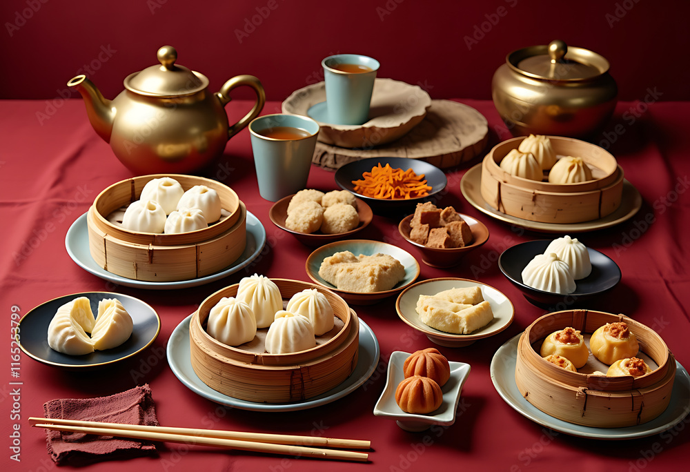 Elegant Dim Sum Feast: Steamed Buns, Golden Accents, and Warm Atmosphere Elegant Dim Sum Feast: Steamed Buns, Golden Accents, and Warm Atmosphere