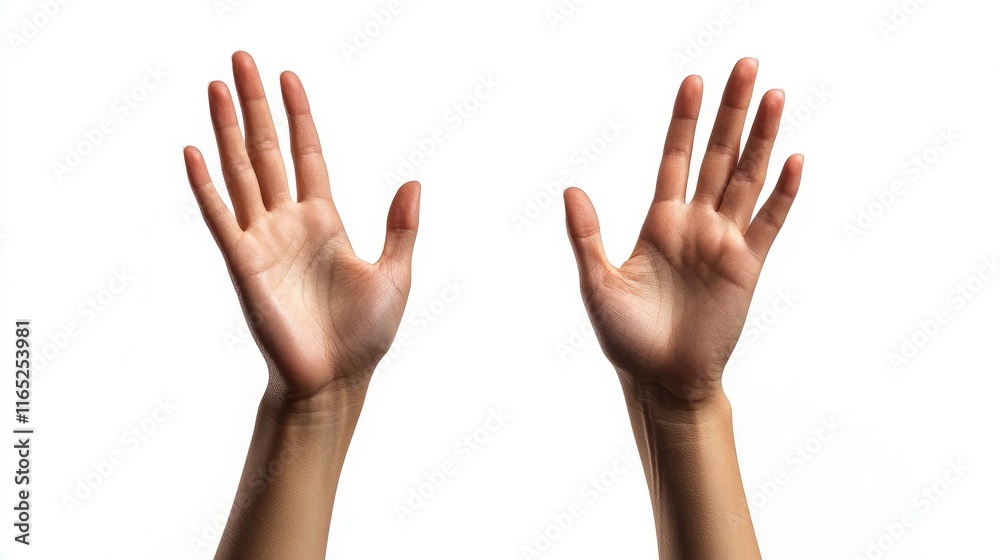 A pair of hands reaching upward to touch a screen, isolated on a white background with a clipping path. A pair of hands reaching upward to touch a screen, isolated on a white background with a clipping path.