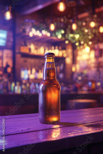 A craft beer advertisement poster with a close-up of a bottle of beer on a purple table, depicting a scene
