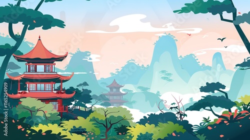 Fantasy landscape Oriental chinese temple fantasy