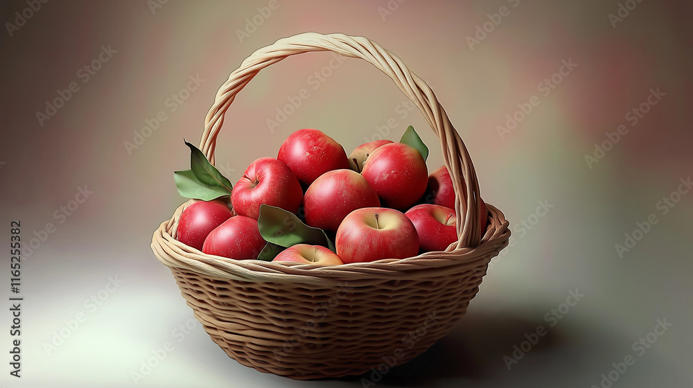 Basket filled with ripe red apples and green leaves, natural elegance on soft background Basket filled with ripe red apples and green leaves, natural elegance on soft background