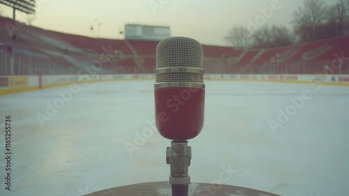 Microphone Vintage Concept. Vintage microphone on an ice rink with empty stadium seating.