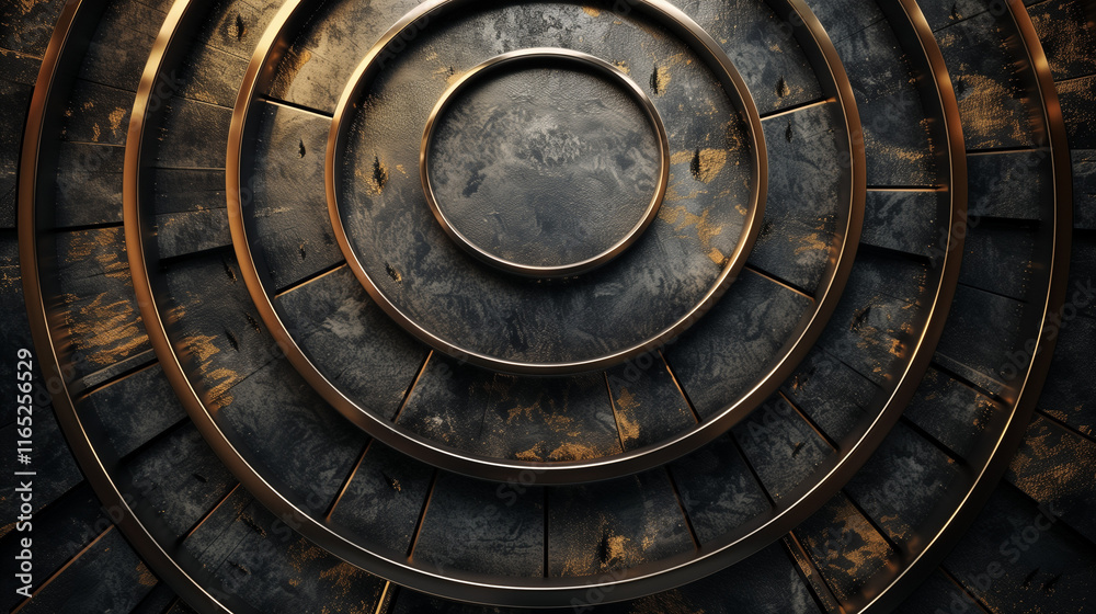 Fototapeta premium Abstract Circular Metal Pattern with Gold Accents - Modern Decorative Illustration for Design Projects