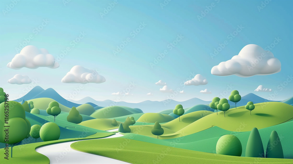 Fototapeta premium Illustrative Scenic Landscape with Rolling Hills and Puffy Clouds, Ideal for Environmental Concepts and Relaxation Themes