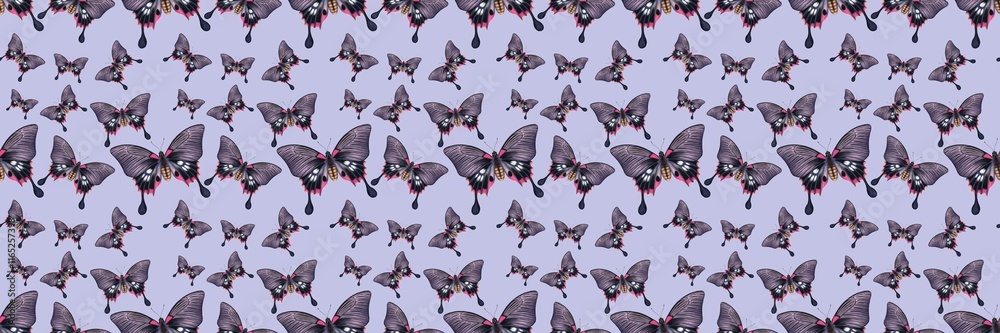 Fototapeta premium Seamless pattern of different butterfly. Hand-drawn vector insects, isolated on beige background. Spring season concept, Easter, nature.