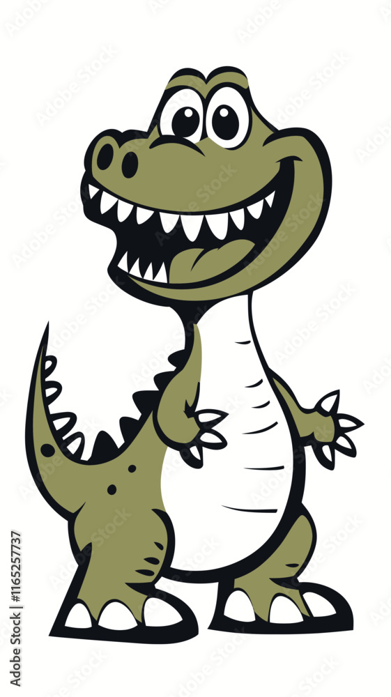 Obraz premium Cheerful Green Cartoon Dinosaur in Minimalist Flat Vector Style on White Background