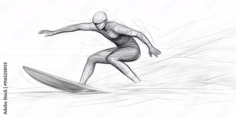 A dynamic sketch of a surfer riding a wave.
