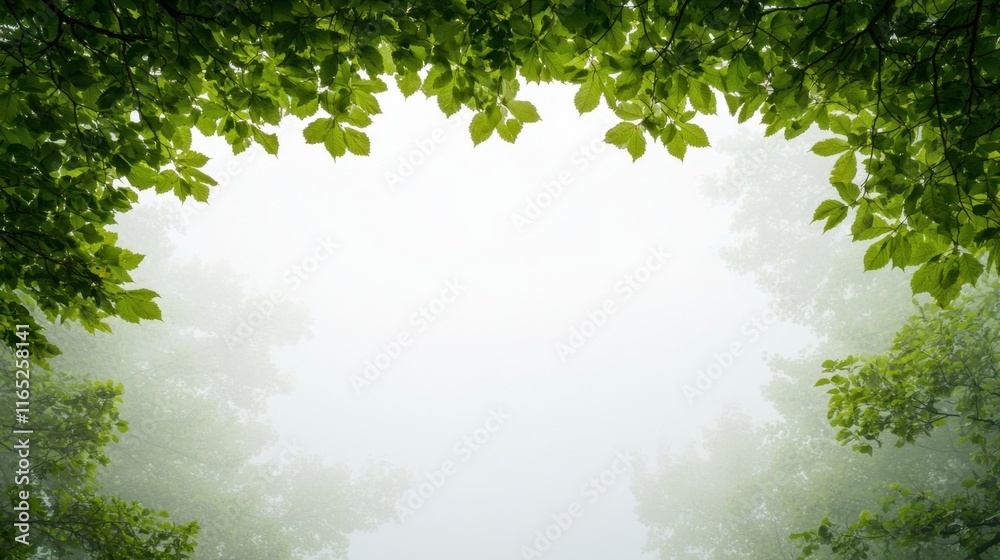 Visual pollution caused by smog and PM 2.5 concept. Lush green leaves framing a misty, serene forest scene Visual pollution caused by smog and PM 2.5 concept. Lush green leaves framing a misty, serene forest scene