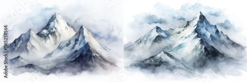 Serene watercolor depiction of majestic mountains, enveloped in mist and soft hues, perfect for relaxation.