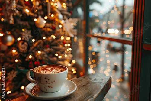 Cozy coffee shop with Christmas decor, warm coffee cup in a festive mug, holiday lights, snow falling outside  photo