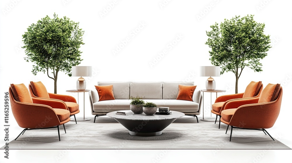 Fototapeta premium Modern Living Room Interior Design with Orange Armchairs and a Beige Sofa