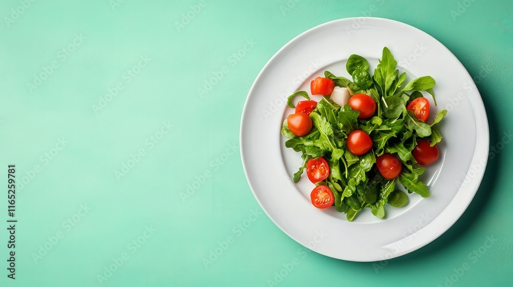 Fresh Green Salad with Cherry Tomatoes on a Light Blue Background Fresh Green Salad with Cherry Tomatoes on a Light Blue Background