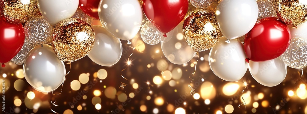 An enchanting background with golden, red, and white balloons for a New Year's Eve celebration. An enchanting background with golden, red, and white balloons for a New Year's Eve celebration.