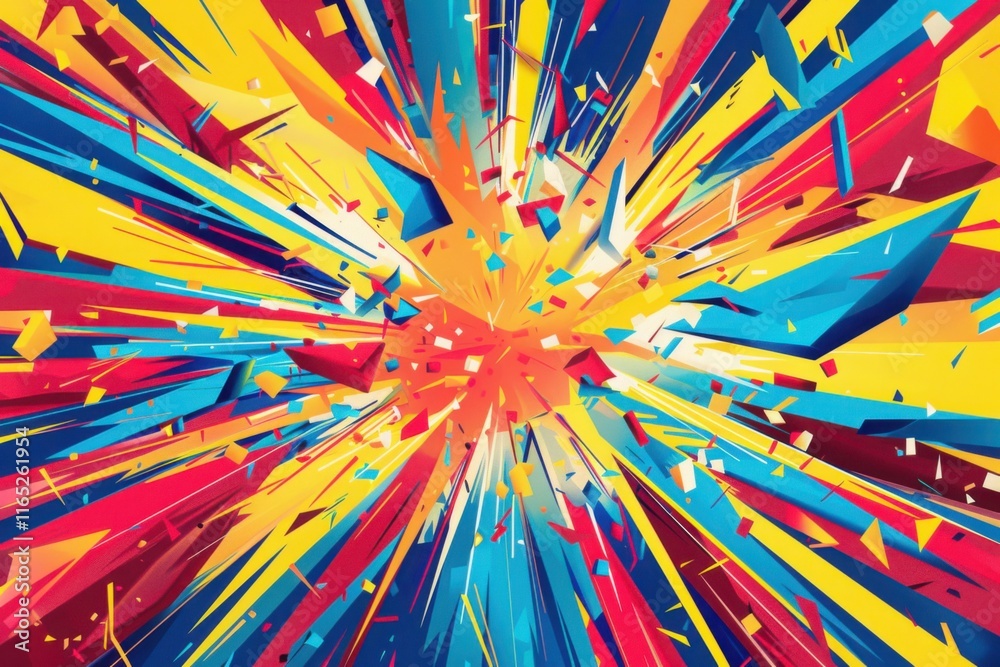 Abstract Colorful Explosion of Geometric Shapes Dynamic Energy Burst Vivid Hues Radiating Design