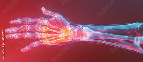 Human Hand Anatomy: A 3D Render of Bones and Joints with Inflammation photo