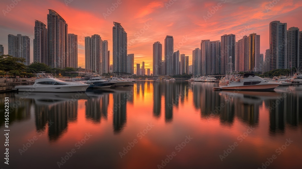 Sunset over a marina with skyscrapers reflecting in the water. Sunset over a marina with skyscrapers reflecting in the water.