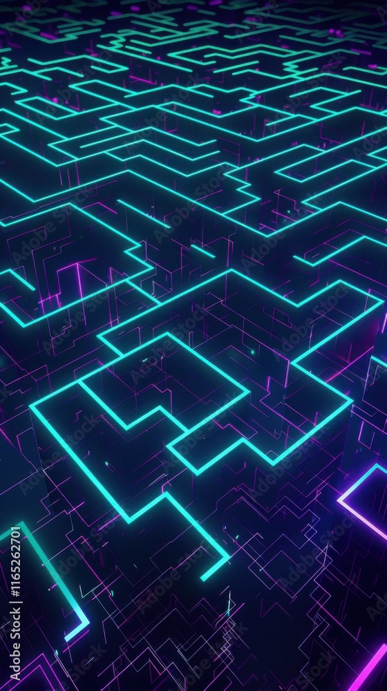 Abstract Neon Circuit Board Maze: A Futuristic Digital Landscape of Glowing Lines and Complex Pathways