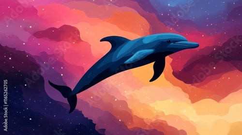 Vibrant Dolphin Swimming Through Colorful Cosmic Background photo